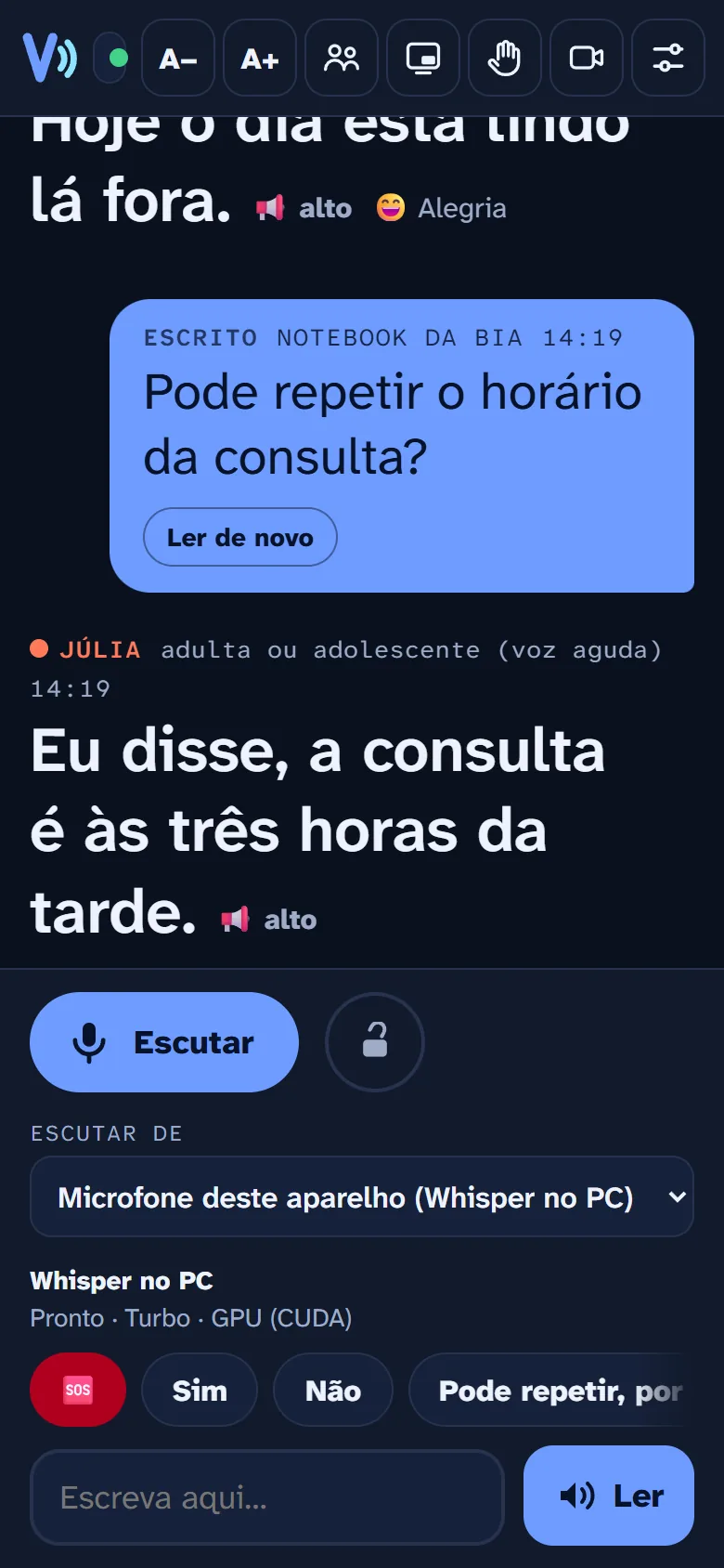 O Libras Vox do PC aberto no navegador de um celular: as últimas frases da conversa em letras grandes, o botão Escutar, a lista Microfone deste aparelho (Whisper no PC), frases rápidas e a caixa para escrever.