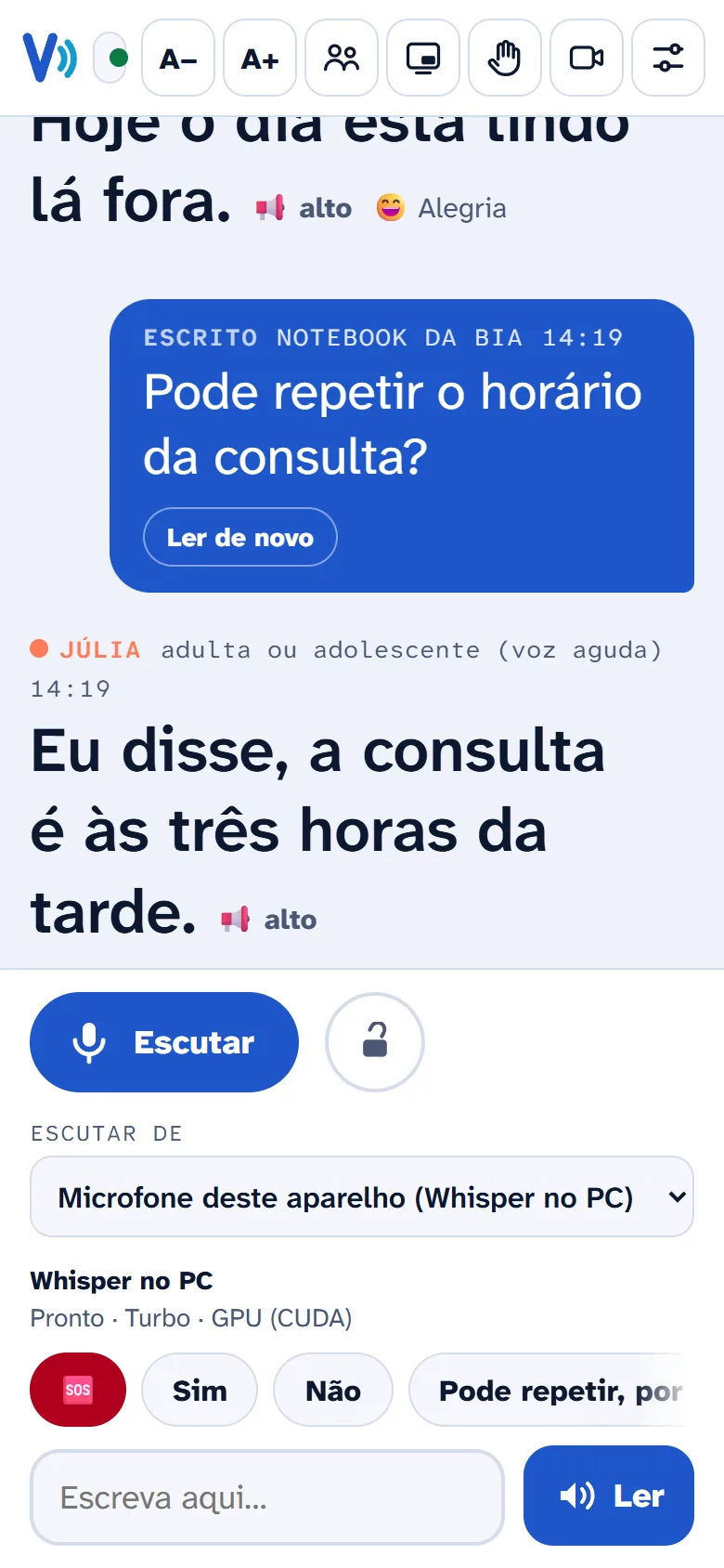 O Libras Vox do PC aberto no navegador de um celular: as últimas frases da conversa em letras grandes, o botão Escutar, a lista Microfone deste aparelho (Whisper no PC), frases rápidas e a caixa para escrever.